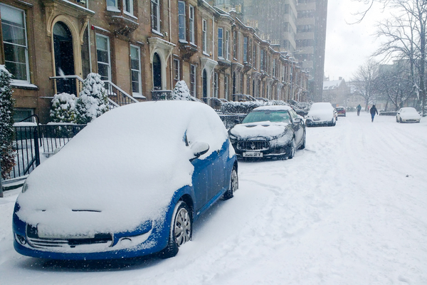 Parked cars covered in snow