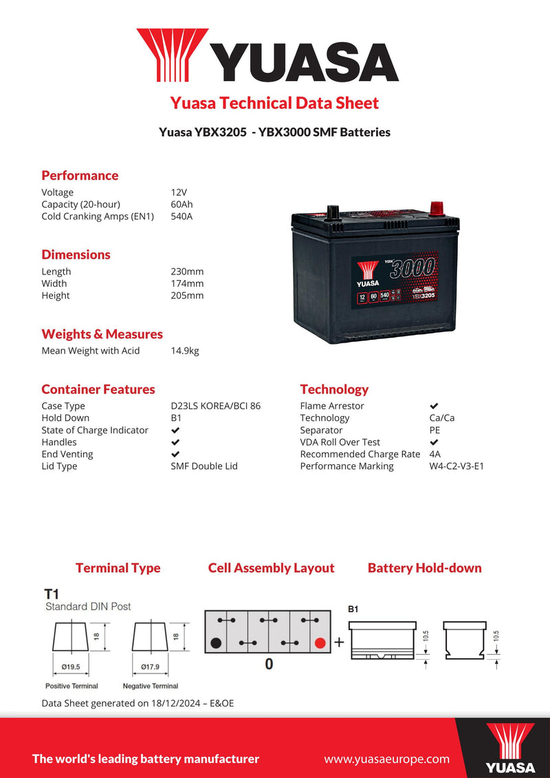 Yuasa YBX3205 - 205 SMF Car Battery - 4 Year Warranty