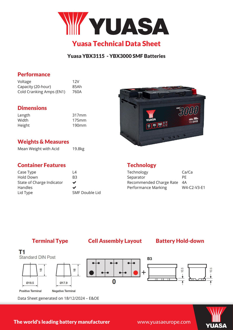 Yuasa YBX3115 - 115 SMF Car Battery - 4 Year Warranty