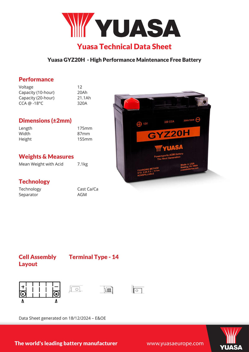 GYZ20H (WC) 12V Yuasa High Performance MF VRLA Motorcycle Battery