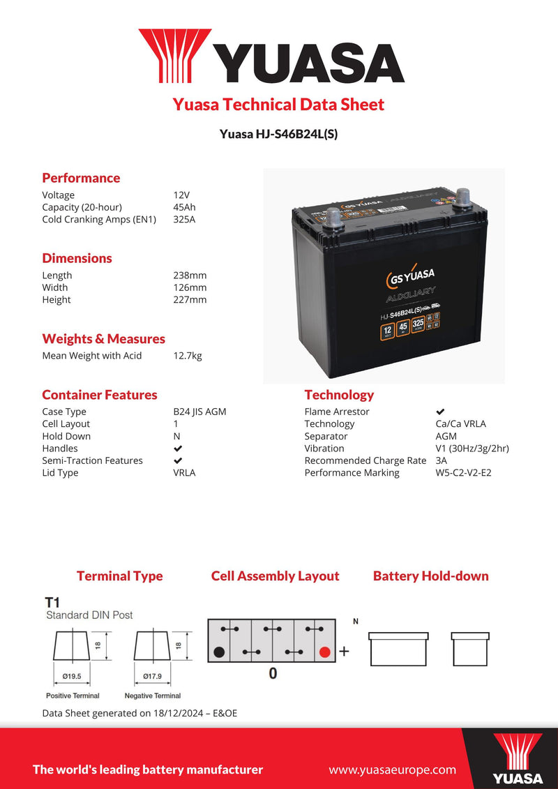 Yuasa HJ-S46B24L(S) GS Auxiliary AGM Battery