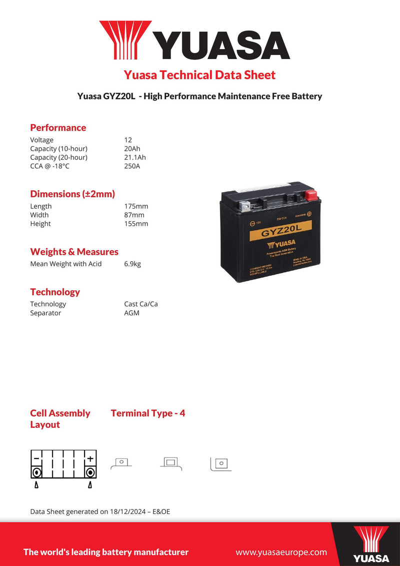 GYZ20L (WC) 12V Yuasa High Performance MF VRLA Motorcycle Battery