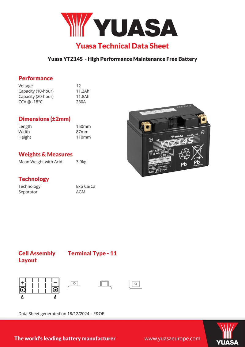 Yuasa YTZ14S (WC) 12V High Performance MF VRLA Motorcycle Battery