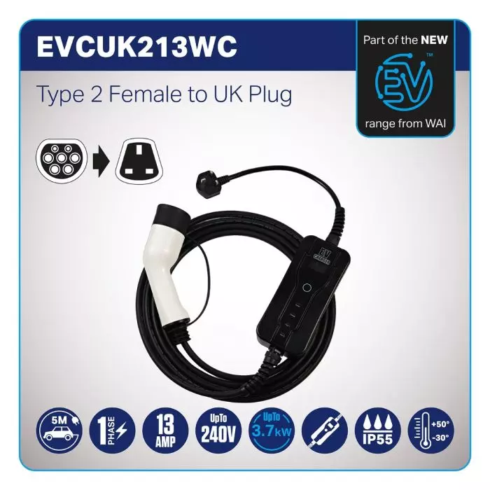 WAI EV Charging Cable, IP55 5 meter - 13AMP Type 2 Female to UK Plug