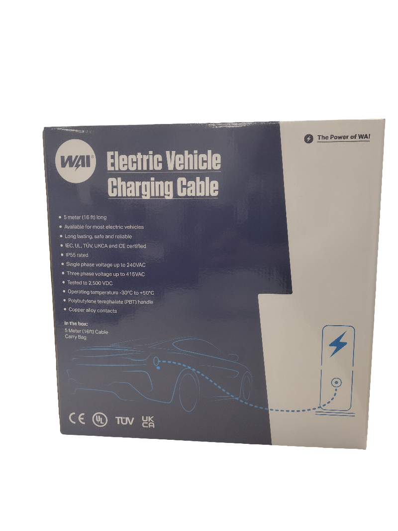 WAI EV Charging Cable, IP55 5 meter - 13AMP Type 2 Female to UK Plug