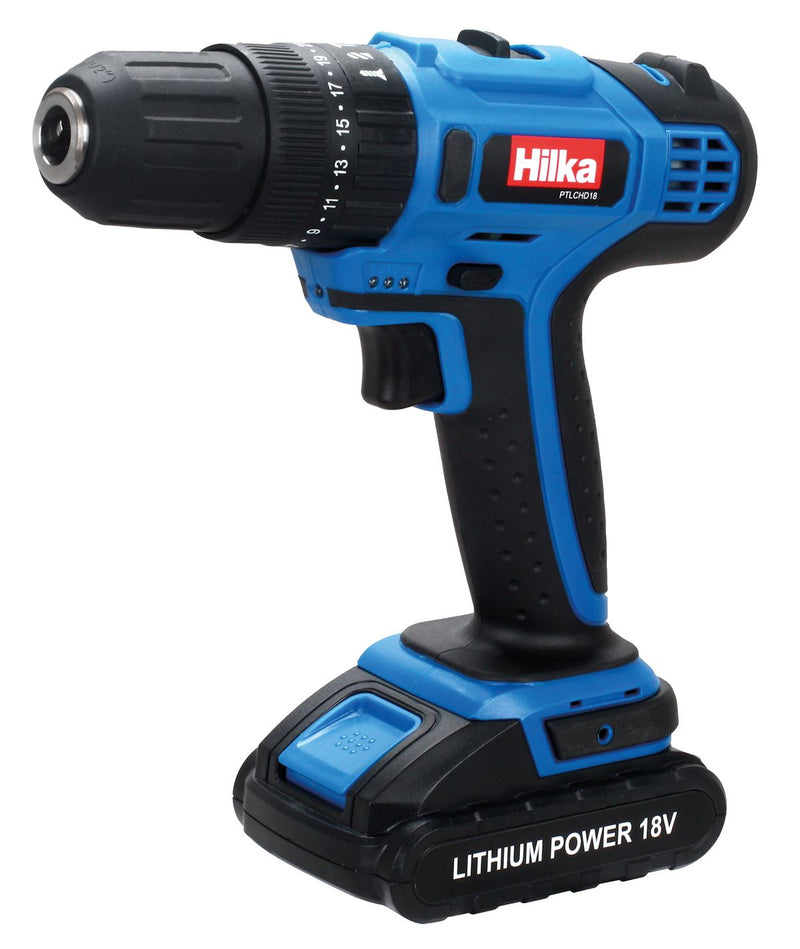 Hilka Tools PTLCHD18 Li-Ion Cordless Hammer Drill, 18 V, Black/Blue